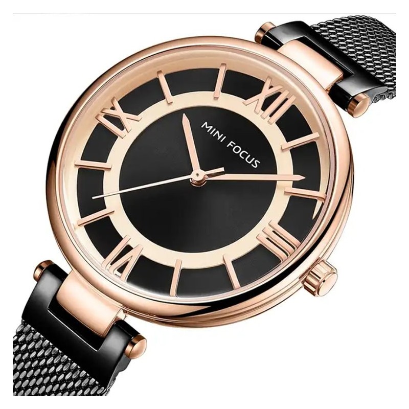 Milánói szíjas női karóra Római számokkal. Fekete MF0234L